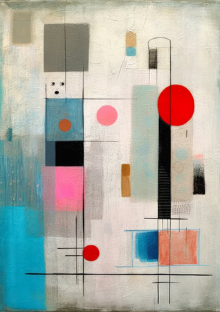 mixed styles minimal oil abstract red circle blue square white dawn gray anthropomorphic pink teal color structure atomic age dot liminal space alleys hanging scroll canvas, generative aiの素材