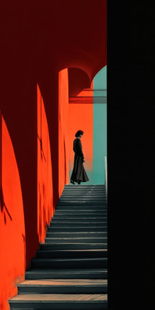 exploration speed person walking set stairs crimson gradient vogue magazine wall strong shadows still estate monks red shoes, generative aiの素材