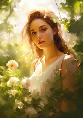 flowering girl woman white dress standing bush art rays sunlight roses hair portrait princess center garden young golden hour female faces, generative aiの素材