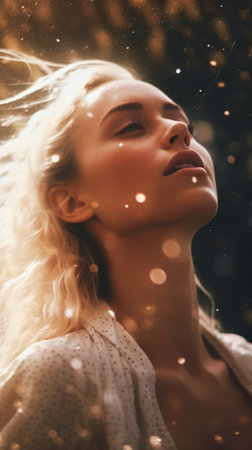 macro woman heaven super sharp closeup long blonde hair white shirt lens flares talented aphrodite face looking skyward fairy air, generative aiの素材