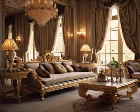 imagine entering french living room fresh couch chairs tables lamps luxurious golden jewelry sailor huge mansion royal upscale insanely girly bedroom hand carved imagery, generative aiの素材