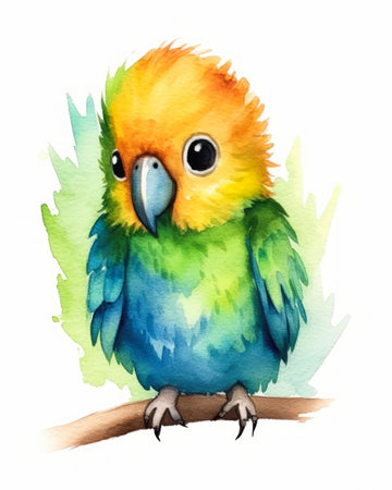isolated illustration cute bird sitting branch sticker fluffy name green banner colored orange icon app watercolor bastion overwatch, generative aiの素材
