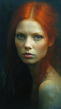 alluring smile redhead woman red hair blue eyes deep color lina cheekbones fiery watery uniquely idealized young pale, generative aiの素材