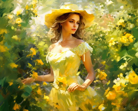 woman standing yellow dress hat field flowers visual young richly defined face golden hour duplicate yellows blacks girl love center garden, generative aiの素材