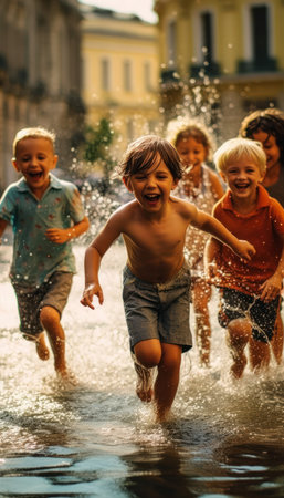 children playing fountain hot running deep together banner summertime people happy color focus mischievous gangs, generative aiの素材