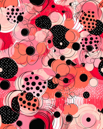 playful bubbly polka dot pattern reds pinks black closeup pink red swirls japanese blobs highly digital feminist art technology review ink, generative aiの素材
