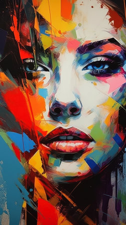 spectacular portrait woman expressionism paint face rich moody cold colors pop shape body colorful girl love pointed grey eyes spectrum, generative aiの素材