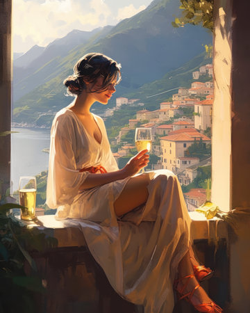 italian woman sat balcony overlooking sitting ledge looking cell phone enjoying glass wine stunning nature background rays sunlight viewed profile far away scenery girl, generative aiの素材