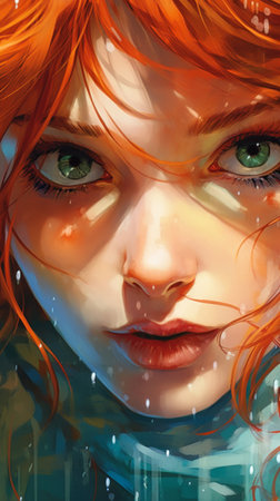 surreal close macro eye redhead green eyes red hair color closeup fiery watery portrait underwater details digital drawing, generative aiの素材