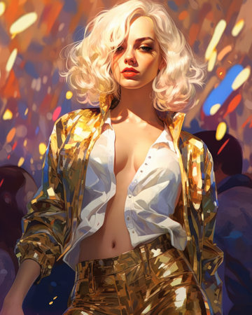 young woman white hair turned heads blond gold pants shirt posing disco femme fatale wearing fancy jacket bright flare, generative aiの素材