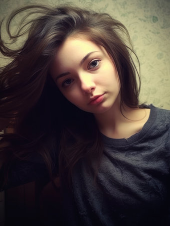 girl uneven textures academic long hair gray shirt posing perfect face portrait pale tired avatar early morning youth angel princess woman russian, generative aiの素材