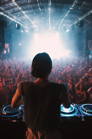 female music long wildly flowing front crowd concert still frame full holding disconnected clubs asian woman lady ash one person promo unconnected, generative aiの素材