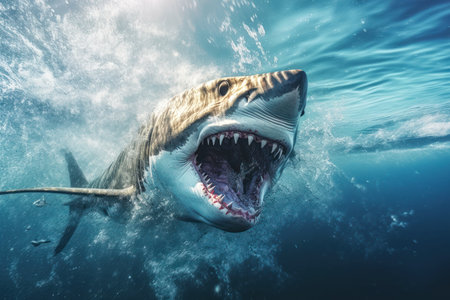 great white shark catching fish blue sea closeup mouth open teeth wide product journalistic frightful sharp outlines lenses illustration cautious terror, generative aiの素材