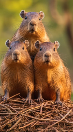 closeup cute capybaras highly capybara three sitting top pile hay recursive portrait shocked look vertical symmetry zoo kingdoms family twins gopher, generative aiの素材