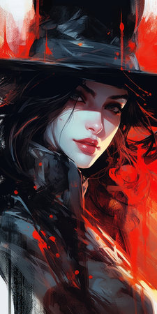 poster vampire hunter attractive hot closeup woman wearing hat black top red magic surrounds violent west cowgirl shadows, generative aiの素材