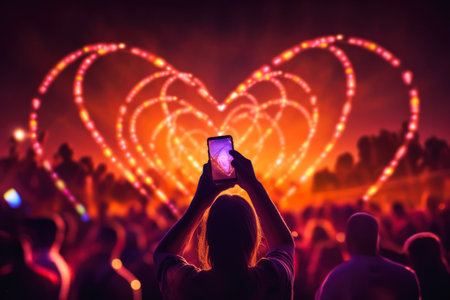 man woman concert making heart light display cell phone smiling thick layers burning flares holding electricity birds glowing inscription summer, generative aiの素材