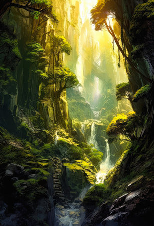 sunlight streams trees mountains waterfall forest background gorgeous digital ancient alien jungle sunshine lighting high chasm sunbeams forbidden beauty arboreal, generative aiの素材
