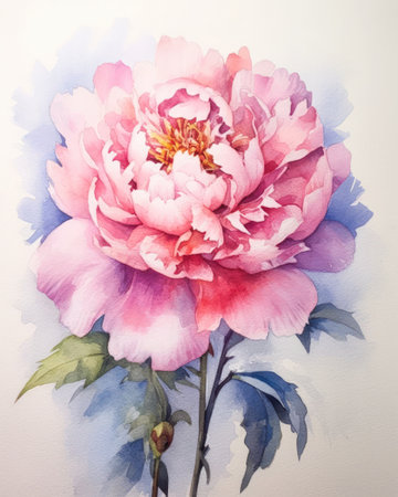 peony deep color glazing technique pink flower green leaves beginner space figure blossoming rhythm super high blue border self taught signature profile, generative aiの素材
