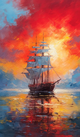 sailing ship oil martin sailboat ocean sunset station pouring techniques warm rendition painting sparrow piracy whirling smoke radiant color, generative aiの素材
