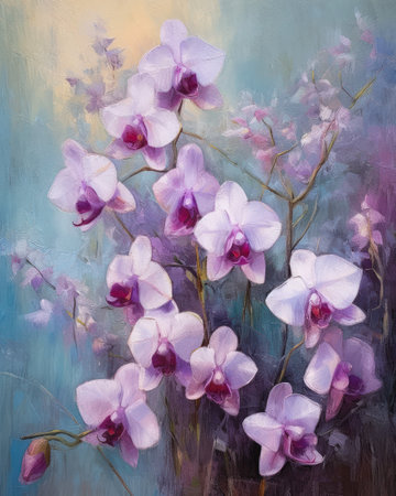 wild orchid flowers sharp edges layered pastel tones vase purple blue background moth orchids color palette gentle dawn pink light hanging scroll radiate connection, generative aiの素材