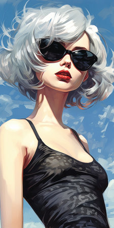 lady wearing sunglasses woman black dress sunny sky quicksilver pale bluish skin white haired hot sun, generative aiの素材