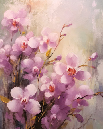wild orchid flowers sharp edges layered pastel tones vase pink green stems moth orchids light shadows cherry blossom falling oil pouring techniques church air magnolia, generative aiの素材