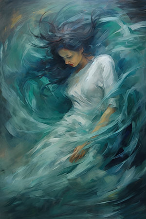 whirlwind descending depression somber woman white dress floating body deep swirling fluid winds winter long turquoise hair feelings guilt art illustration swirl, generative aiの素材