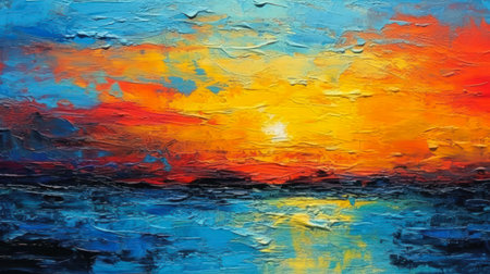 reflection orange blue yellow sky sunset body deep boat distance thick impasto paint turquoise used bright soft texture explosion rippling liquid, generative aiの素材