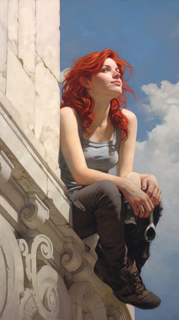 thoughtful natural smile woman sitting ledge eyes closed sky red hair girl brown academic naturalistic technique imbalance sunny fantastic, generative aiの素材