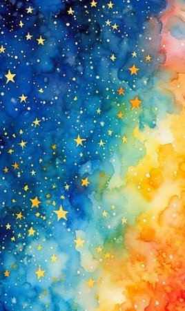 stars sky color crescent glittering pigments wearing dress yellow blue radiate connection star born banner dream rave background time, generative aiの素材