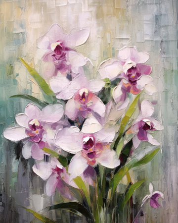 wild orchid flowers sharp edges layered pastel tones vase green stems pink moth orchids radiate connection oil canvas white purple thick impasto technique metal flower, generative aiの素材