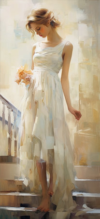 subtle color perceived perfectly white dress woman standing staircase delicate detailing golden stroke depicting flower palette mostly christian mature ghost young girl, generative aiの素材