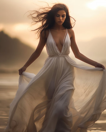 women dressed white chiffon dress black hair woman walking beach models flowing magical flesh robe golden hour sorceress girl love angel standing still laced, generative aiの素材