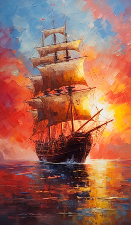 sailing ship oil martin ocean sunset bestselling movie poster color windswept thick wet paint people flee signature, generative aiの素材