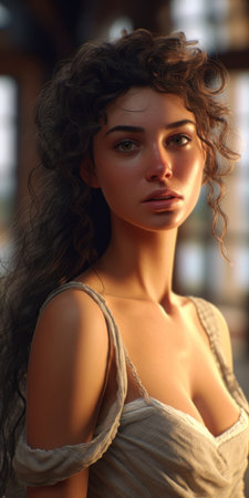 italian girl engin closeup woman long hair wearing dress tan skin beauty western european perfect face body fair curly young aphrodite russian princess, generative aiの素材