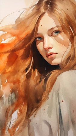 captivating portrait flowing hair woman long red blue eyes light strong sunlight pale orange color looks young talented uniquely mesmerized burnt girl, generative aiの素材