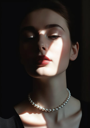 extreme closeup striking eyes pouty lips face woman wearing pearl necklace rays sunlight pale makeup femme fatale praise shadows jewelry pearls, generative aiの素材