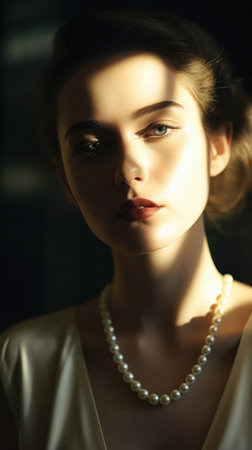 extreme closeup striking eyes pouty lips face woman wearing pearl necklace white dress girl unusually unique beauty slim model soft shadow transition caucasian, generative aiの素材