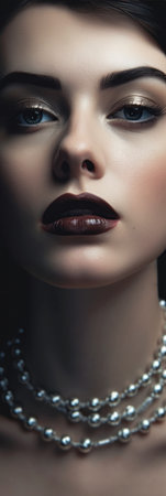 extreme closeup striking eyes pouty lips face woman necklace rich moody color perfect favorite white bite lip matte dressed black princess taupe billboard burnt umber pearls, generative aiの素材