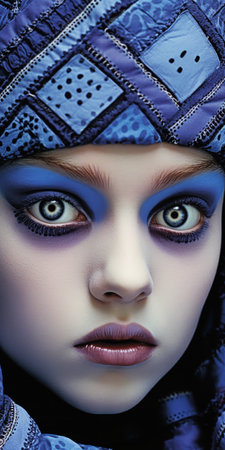 design burton closeup woman blue head scarf eyes rick big purple scheme overglaze influence still ukrainian girl vogue cover, generative aiの素材