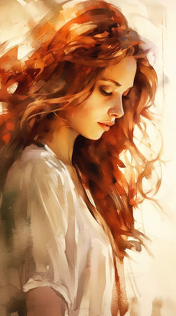 captivating portrait flowing hair woman long red white shirt dreamy breathtaking illustration light shape face body uniquely natural soft pale skin shaggy girl flower head, generative aiの素材