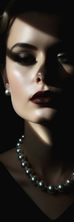 closeup striking eyes pouty lips face woman pearl necklace shadow lighting white powder makeup palette black violet gray female spy perfect silhouette neo noir, generative aiの素材