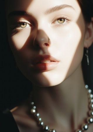 extreme closeup striking eyes pouty lips face woman wearing necklace earrings caustic shadows lighting young talented cover shadow pale sky girl ivory skin full, generative aiの素材