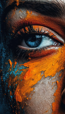 closeup artistic abstract poster womans eye orange blue paint warrior girl banner arts cultures indian brown skin, generative aiの素材