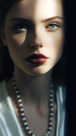 extreme closeup striking eyes pouty lips face woman pearl necklace soft shadow lighting pale skin perfect facial proportions thin redhead plastic doll extremely human brown, generative aiの素材