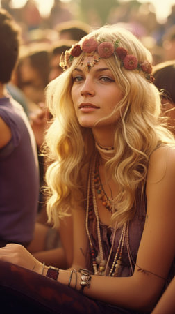 female glory raw intimate woman flower crown sitting crowd long luxurious light blond hair hairband summer love fringe shoulder length brown feathers young mid flares short top, generative aiの素材