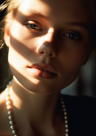 extreme closeup striking eyes pouty lips face woman pearl necklace sunlight shadows perfect nose portrait shadow girl love, generative aiの素材