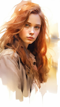 captivating portrait flowing hair woman long red jacket stunning drawing face girl shaggy luxurious light blond teenaged calm expression, generative aiの素材