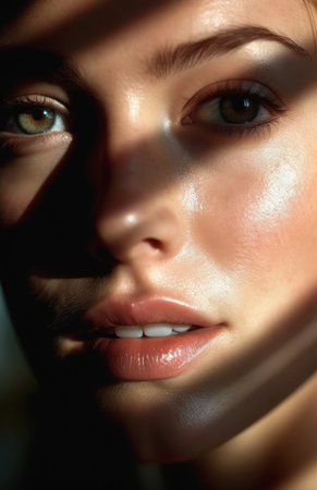 extreme closeup striking eyes pouty lips face woman sun shining portrait stone soft lighting gradient lenses centered body clearly visible, generative aiの素材