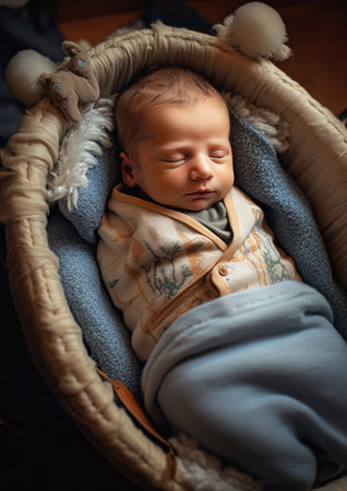 newborn city model cradle morning time baby sleeping basket blanket portrait greek god ares princess captured consumer electronics professional young man fetus, generative aiの素材